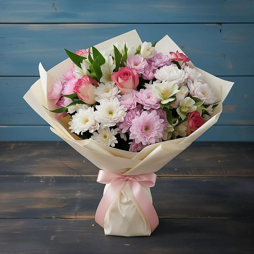 Букет цветов из: Хризантемы, Альстромерии и Розы в Товарковский